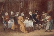 unknow artist, An elegant interior with a lady and gentleman toasting,other figures drinking and smoking at the table